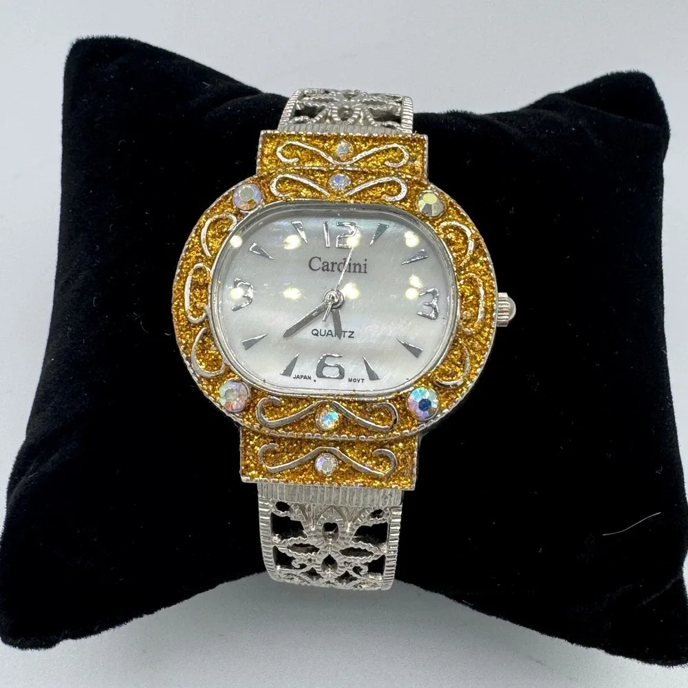 Cardini Two Tone Watch Crystal Gold‎ Silver Filigree Bangle Coquette Statement